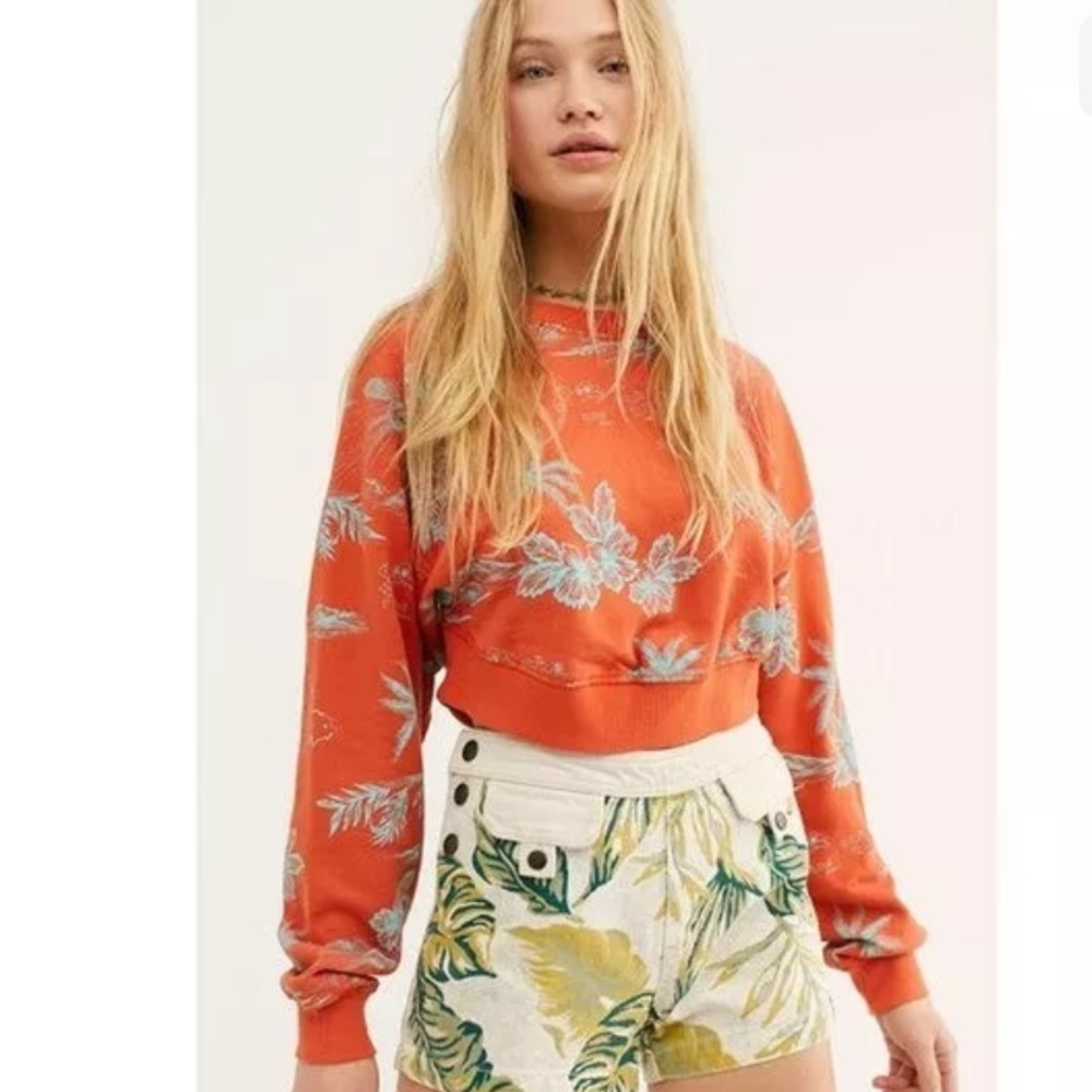 FREE PEOPLE CROP SWEATSHIRT PALM FLAMINGO - Picture 2 of 4
